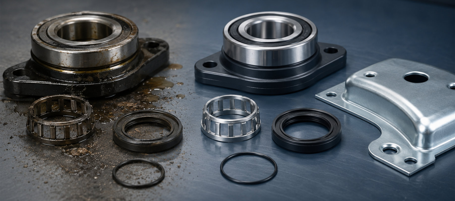 Bearing assembly with bearing cages, seals, O-rings, and sheet metal components illustrating causes of premature bearing failure and the importance of correct component selection.
