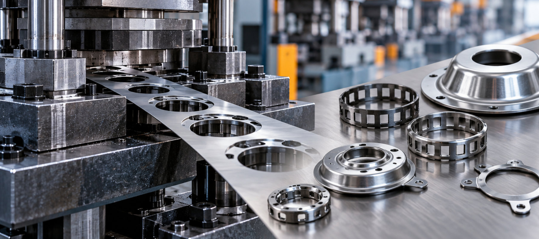Precision sheet metal stamping die and finished metal components on a manufacturing workbench, illustrating tooling and process control in high-volume production.