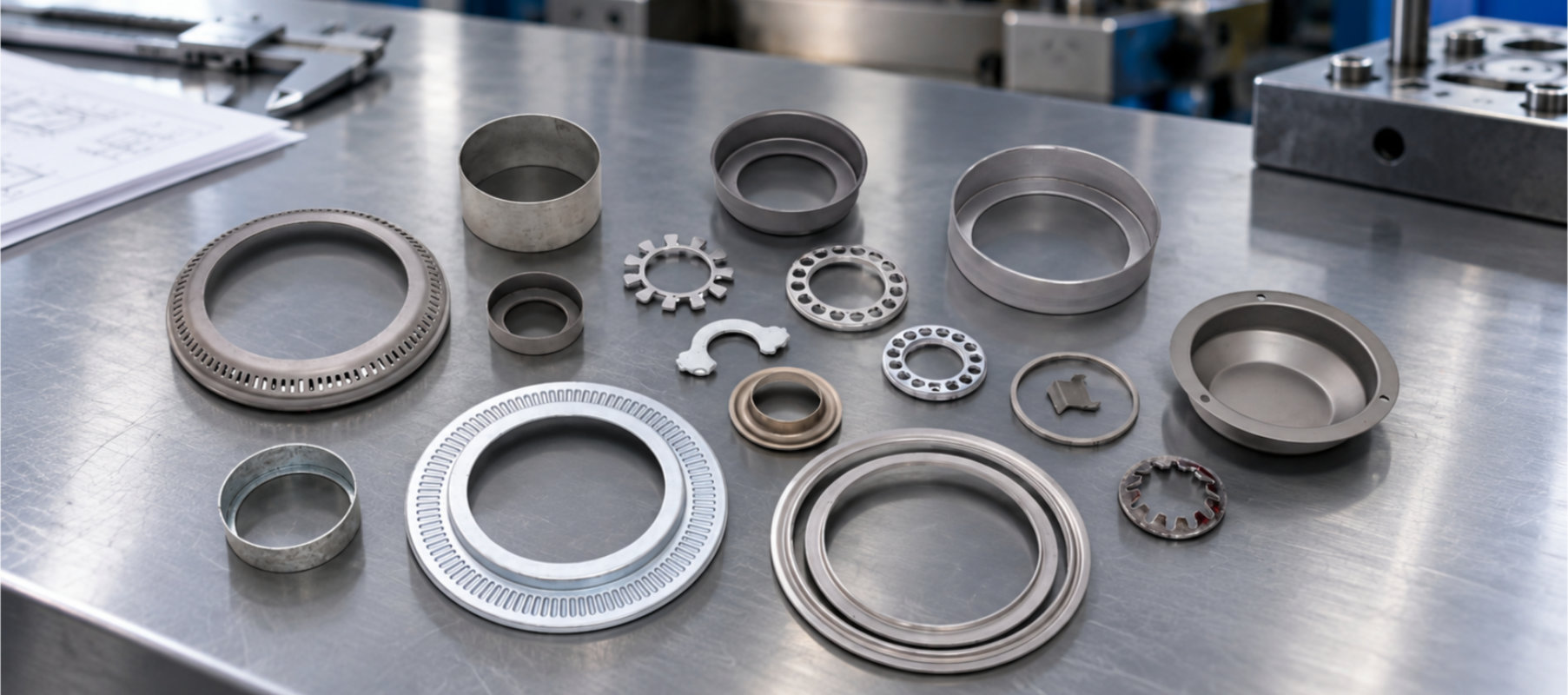 Precision stamped and formed metal components displayed on an industrial inspection table with manufacturing tooling in the background.